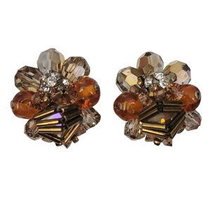 Vendome Gold Tone Glass Bead, Crystal Cluster Clip On Earrings, Signed